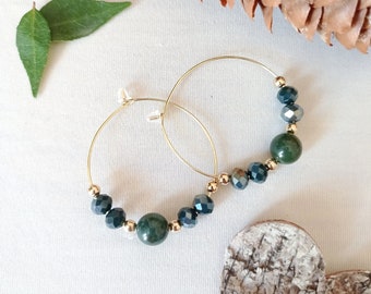 Creoles, ear jewelry, natural stone, moss agate, crystal, green, gold