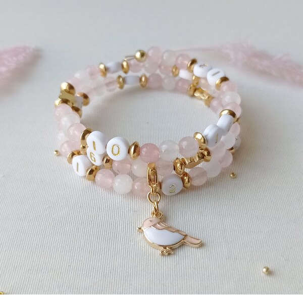 Bracelet d'allaitement, cadeau de maternité, pierres naturelles, jade blanc, quartz rose, oiseau, or, amour et réconfort