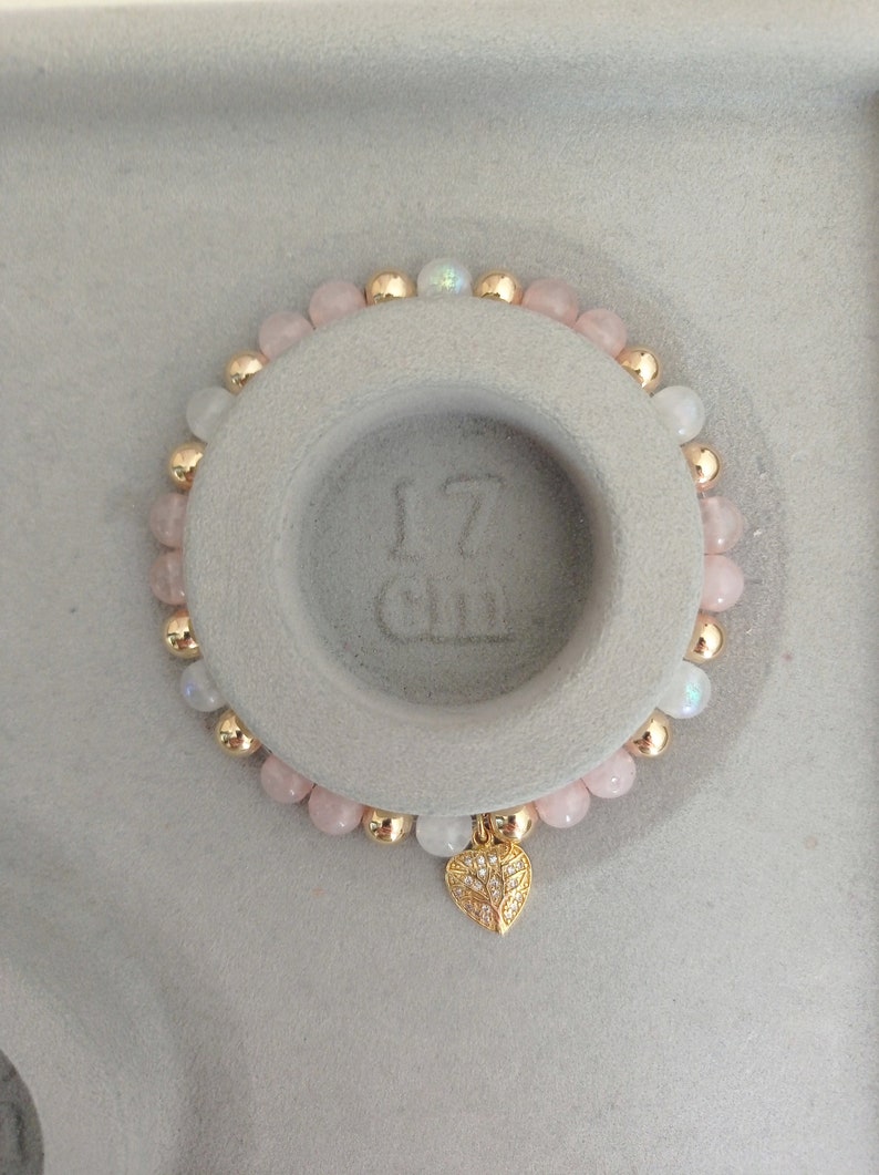 Bracelet, quartz rose, pierre de lune, fertilité, fécondité, maternité, or, amour, apaisement et réconfort image 5
