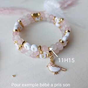 Bracelet d'allaitement, cadeau de maternité, pierres naturelles, jade blanc, quartz rose, oiseau, or, amour et réconfort image 3