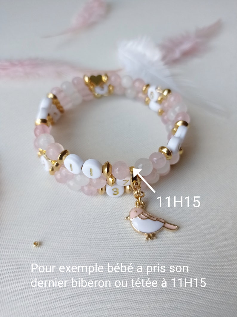 Bracelet d'allaitement, cadeau de maternité, pierres naturelles, jade blanc, quartz rose, oiseau, or, amour et réconfort image 3