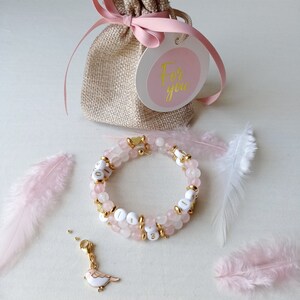 Bracelet d'allaitement, cadeau de maternité, pierres naturelles, jade blanc, quartz rose, oiseau, or, amour et réconfort image 7