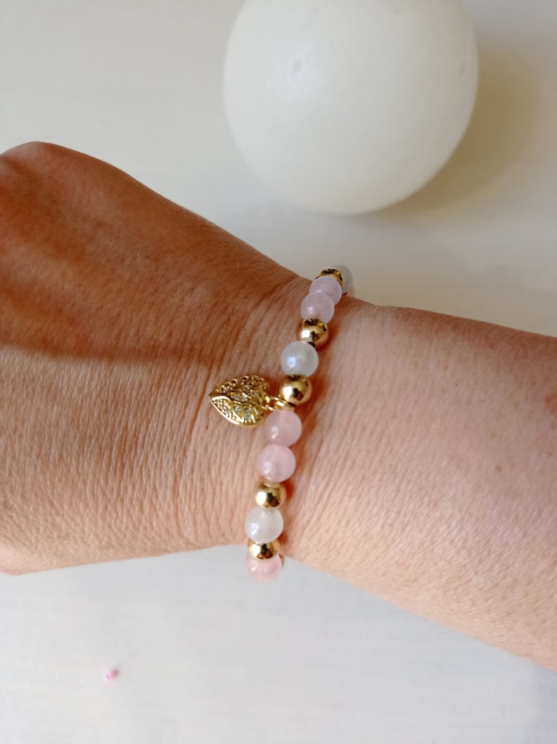 Bracelet, quartz rose, pierre de lune, fertilité, fécondité, maternité, or, amour, apaisement et réconfort image 6