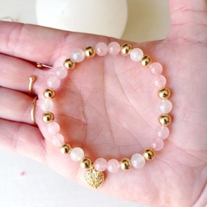 Bracelet, quartz rose, pierre de lune, fertilité, fécondité, maternité, or, amour, apaisement et réconfort image 3