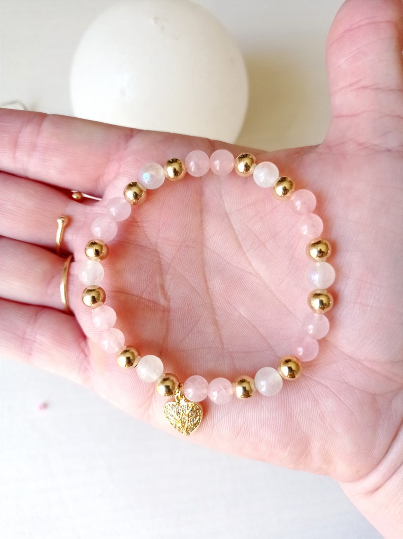 Bracelet, quartz rose, pierre de lune, fertilité, fécondité, maternité, or, amour, apaisement et réconfort image 3