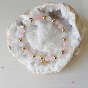 Bracelet, quartz rose, pierre de lune, fertilité, fécondité, maternité, or, amour, apaisement et réconfort image 2