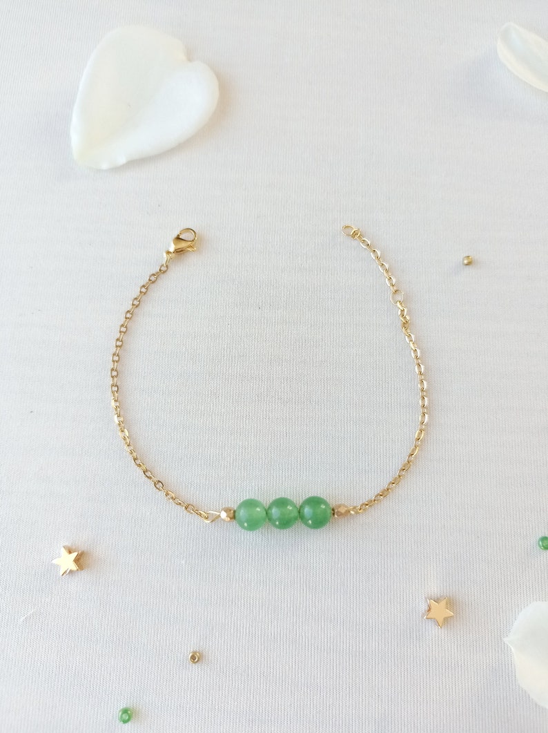 Bracelet fin, pierre naturelle, trois perles, aventurine, vert, nature image 3