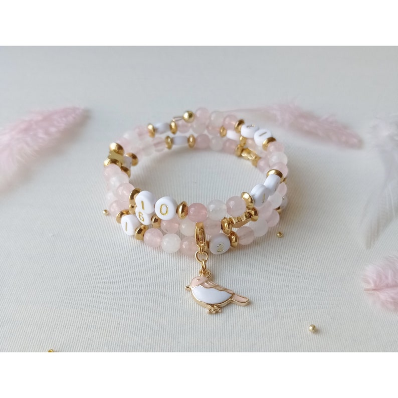 Bracelet d'allaitement, cadeau de maternité, pierres naturelles, jade blanc, quartz rose, oiseau, or, amour et réconfort image 1