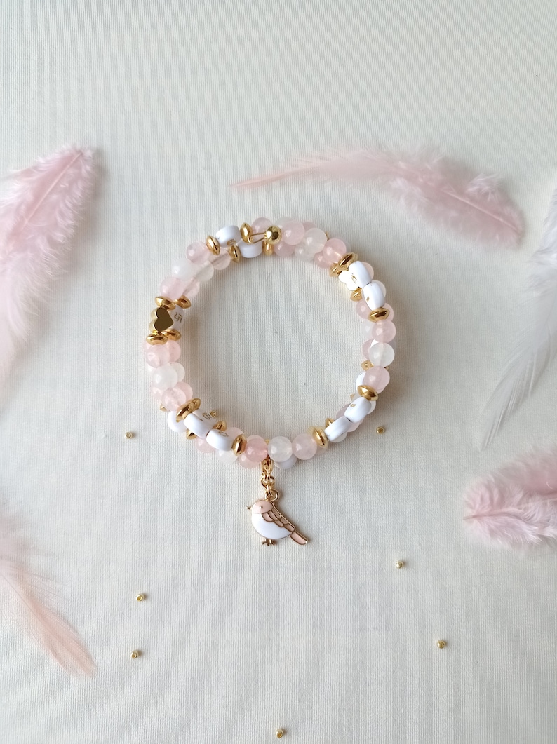 Bracelet d'allaitement, cadeau de maternité, pierres naturelles, jade blanc, quartz rose, oiseau, or, amour et réconfort image 2