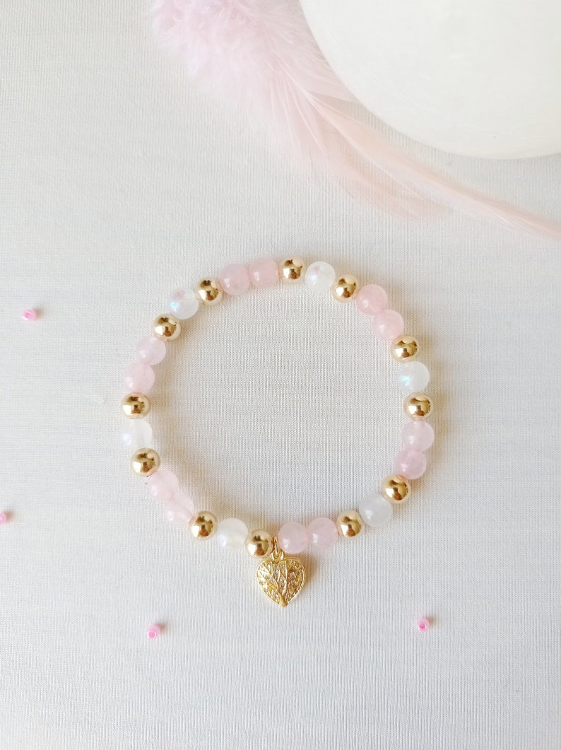 Bracelet, quartz rose, pierre de lune, fertilité, fécondité, maternité, or, amour, apaisement et réconfort image 1