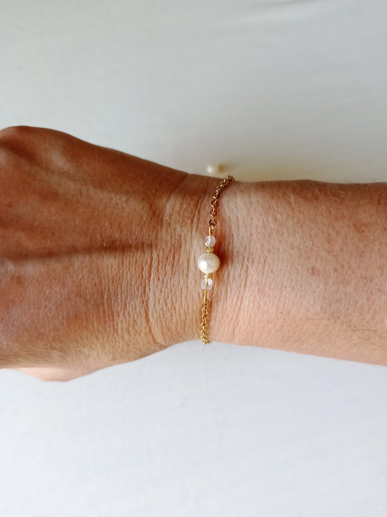 Bracelet fin, perle, eau douce, blanc, tendance, or, émotion image 5