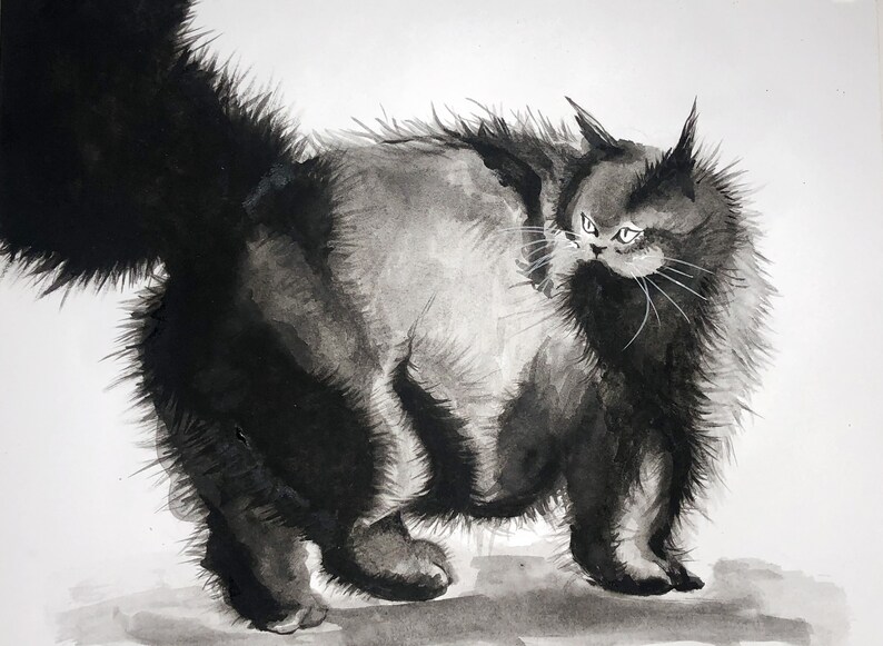 Black Cat Original Watercolor Art Fluffy Cat Noir Watercolor | Etsy