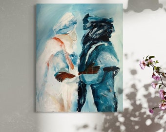 Original painting of Tuareg brothers, oil and acrylic painting, two men In Sahara