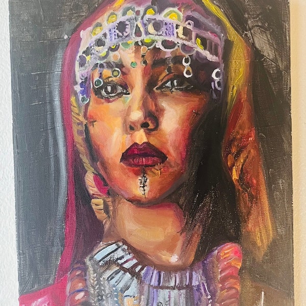 Saharan desert woman, Tuareg tattoos oil painting