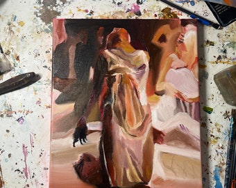 Woman on knees in sheer dress original oil painting
