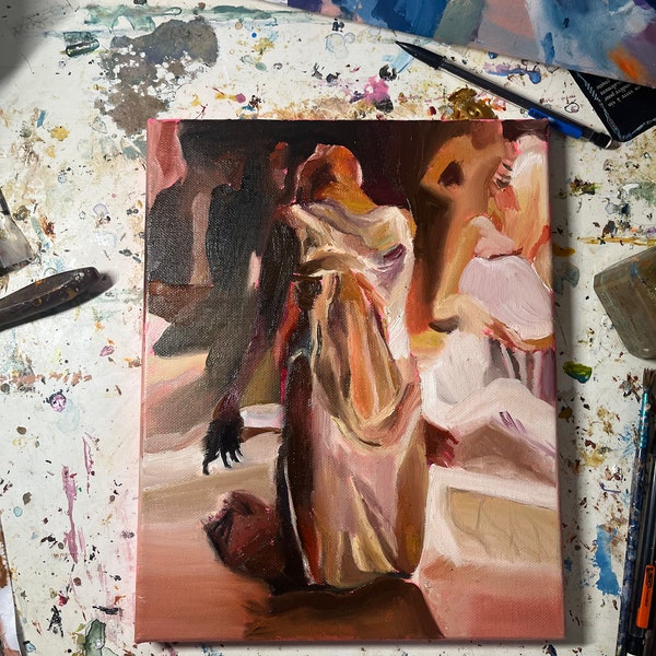 Woman on knees in sheer dress original oil painting