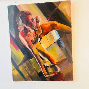 May include: A painting of a person in a crouched position with a yellow, orange, red, and purple color scheme.