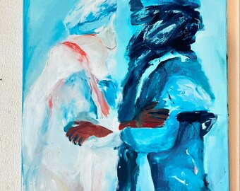 Original painting of Tuareg brothers, oil and acrylic painting, two men In Sahara