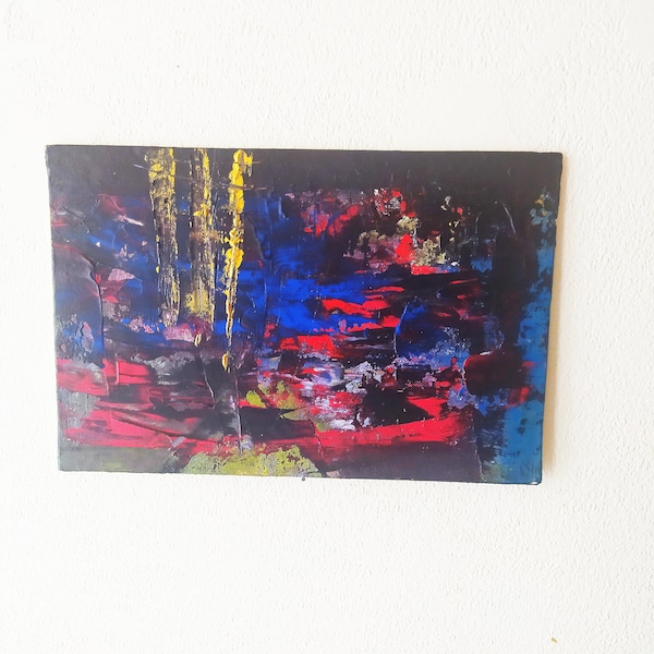 Small abstract black red and blue painting