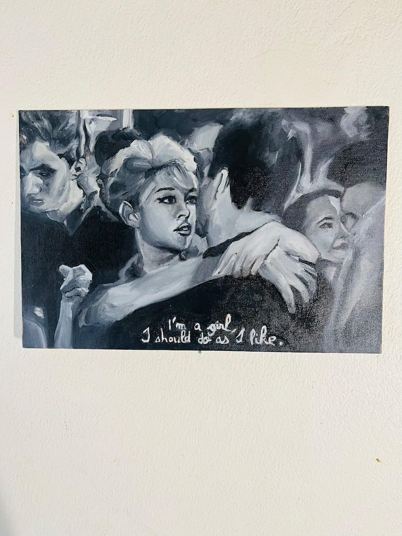Retrato al óleo original de Brigitte Bardot en Hollywood vintage, en blanco y negro, Soy una chica imagen 1