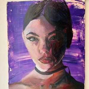 May include: Oil painting portrait of a woman with dark hair and a black choker. The artwork features a purple grid background and a dramatic contrast of light and shadow across the face, with red and purple hues.