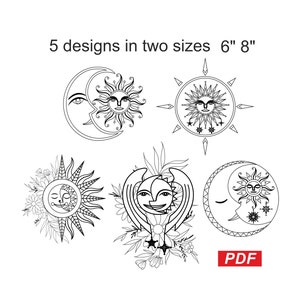 Embroidery celestial crescent moon with stars and sun - floral design -Celestial pattern with stars -embroidery- crescent moon sun and stars