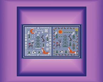 Nordic Forest Animals Cross Stitch Pattern, Winter Woodland Sampler (PDF Download)