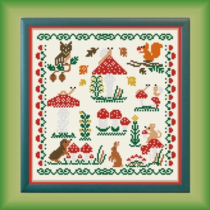 Mushroom Cross Stitch Pattern -Primitive Sampler PDF with Owl,Squirrel - Primitive Animal Sampler - PDF Sampler with Mushroom, Owl, Squirrel