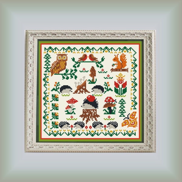 Hedgehogs cross stitch pattern PDF primitive sampler mushroom fall harvest woodland border autumn leaves owls apple