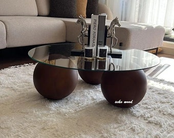 Rounded Glass Table with Wooden, Center Table Wooden Balls, Natural Wooden Table, Living Room Center Table, Decorative Wooden Balls
