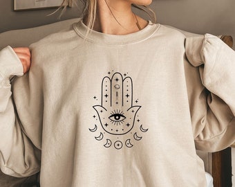 Hamsa Hand Sweatshirt, Mystic Spiritual Sweater, Evil Eye Protection Shirt, Third Eye Crewneck Shirt, Evil Eye Tee