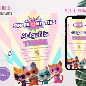 Super Kitties Birthday Invitation | Girl Birthday Party Invitations, Printable, Editable Instant Download, DIGITAL