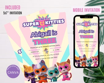 Super Kitties Birthday Invitation | Girl Birthday Party Invitations, Printable, Editable Instant Download, DIGITAL