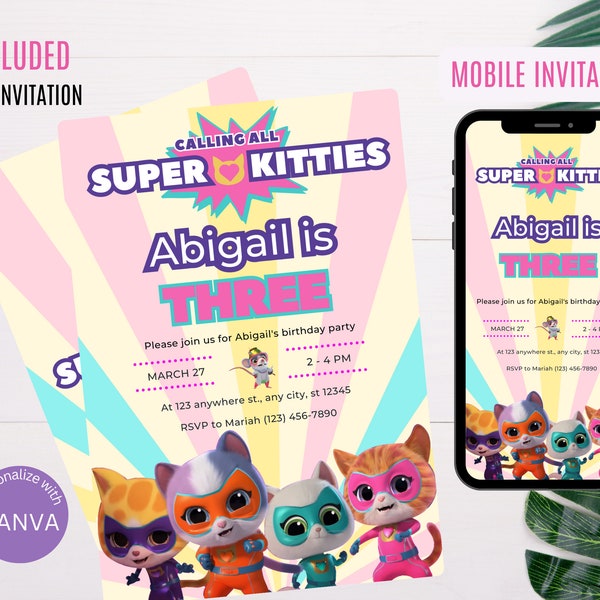 Super Kitties verjaardagsuitnodiging | Uitnodigingen voor een verjaardagsfeestje voor een meisje, afdrukbaar, bewerkbaar Instant Download, DIGITAAL