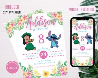 LILO & STITCH Birthday Invitation | Girl Birthday Party Invitations, Printable, Editable Instant Download, DIGITAL
