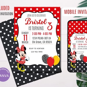 Minnie Mouse Birthday Invitation | Girl Birthday Party Invitations, Disney Custom Template, Printable, Editable Instant Download, DIGITAL