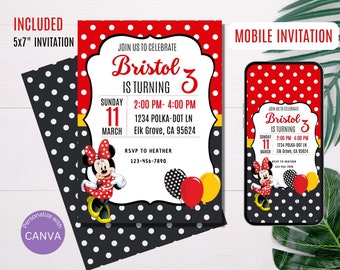 Minnie Mouse Birthday Invitation | Girl Birthday Party Invitations, Disney Custom Template, Printable, Editable Instant Download, DIGITAL