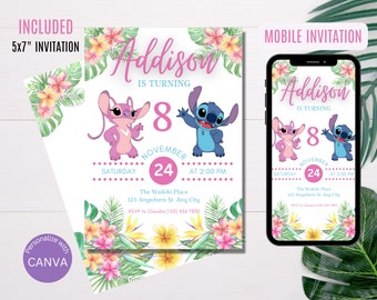 STITCH & ANGEL Birthday Invitation | Girl Birthday Party Invitations, Printable, Editable Instant Download, DIGITAL