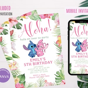 Tropical Stitch & Angel Birthday Invitation | Girl Birthday Party Invitations, Printable, Editable Instant Download, DIGITAL