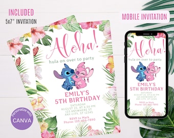 Tropical Stitch & Angel Birthday Invitation | Girl Birthday Party Invitations, Printable, Editable Instant Download, DIGITAL