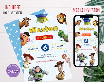 Toy Story födelsedagsinbjudan | Pojkars födelsedagsfestinbjudan, utskrivbar, redigerbar direktnedladdning, digital