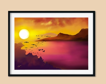 Aesthetic mountain wall art Vibrant Scene landscape beautiful living room decor lake sunset art lake house decor digital download