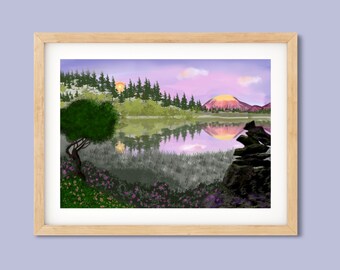 Aesthetic mountain wall art Vibrant Scene landscape beautiful living room decor lake sunset art lake house decor digital download