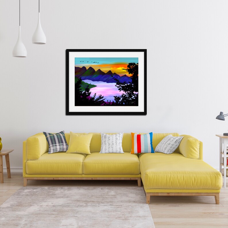 Aesthetic mountain wall art Vibrant Scene landscape beautiful living room decor lake sunset art lake house decor digital download