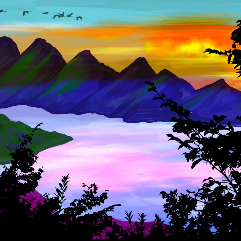Aesthetic mountain wall art Vibrant Scene landscape beautiful living room decor lake sunset art lake house decor digital download