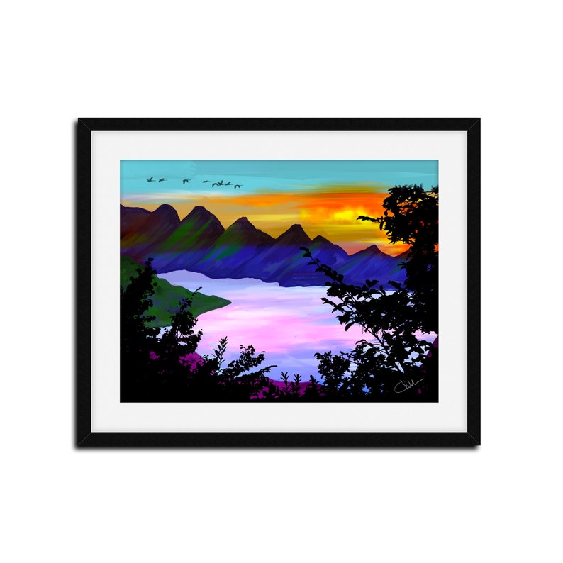 Aesthetic mountain wall art Vibrant Scene landscape beautiful living room decor lake sunset art lake house decor digital download