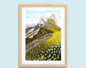 Aesthetic mountain wall art,  Mountain Flowers Switzerland, lake house decor, colourful art print digital download
