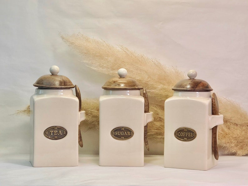 Tea Coffee & Sugar Canister Set with Wooden Spoon For Country Etsy