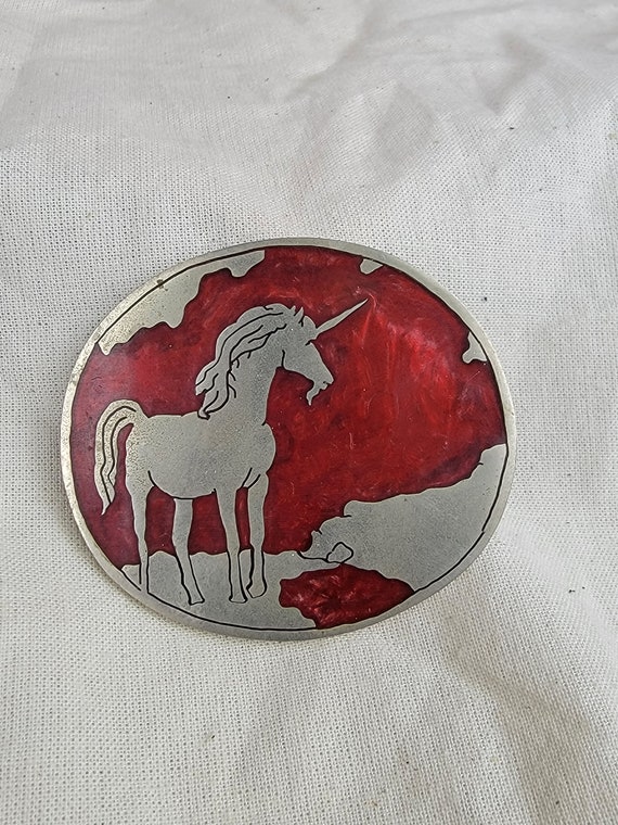 Round red and silver Unicorn belt buckle 2.5" wide - image 1