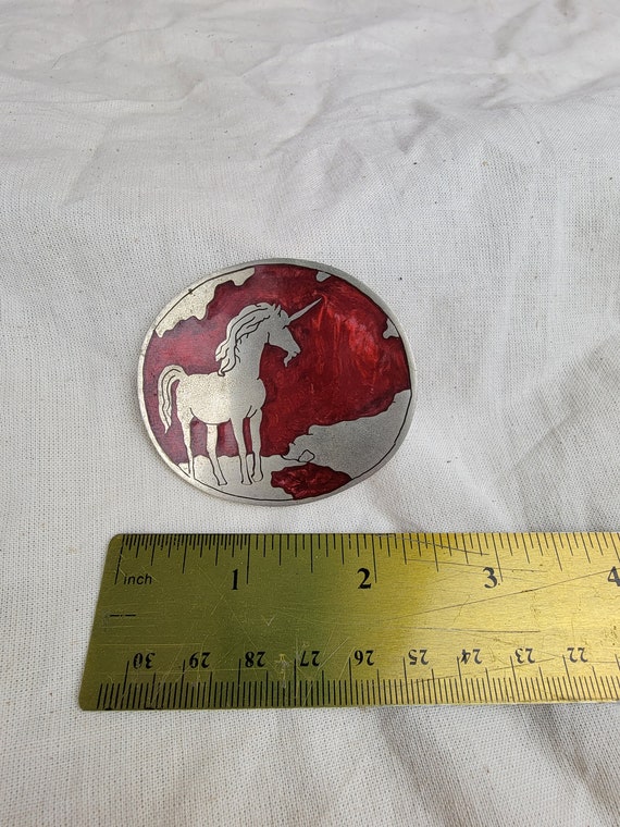Round red and silver Unicorn belt buckle 2.5" wide - image 2